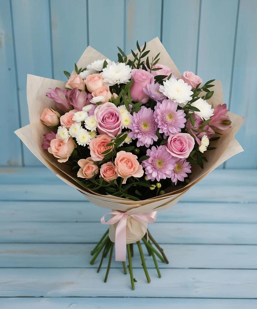 Букет цветов из: Хризантемы, Розы и Альстромерии в Железногорске